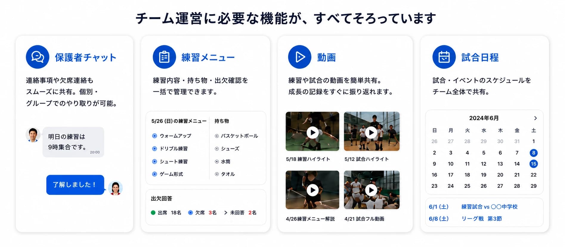 チーム運営に必要な機能が、すべてそろっています